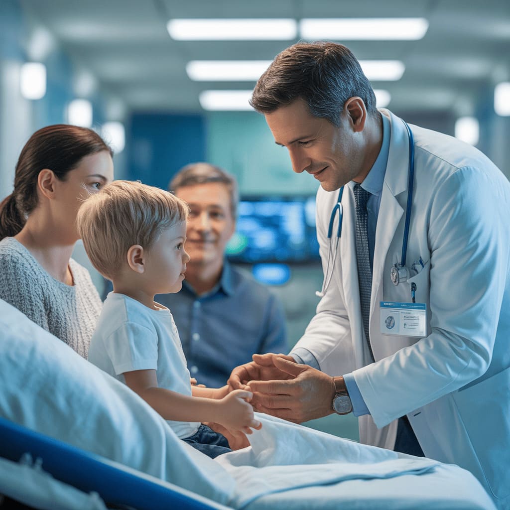 caring doctor with young patient family