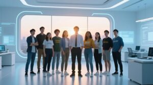 diverse young activists standing together at sunrise