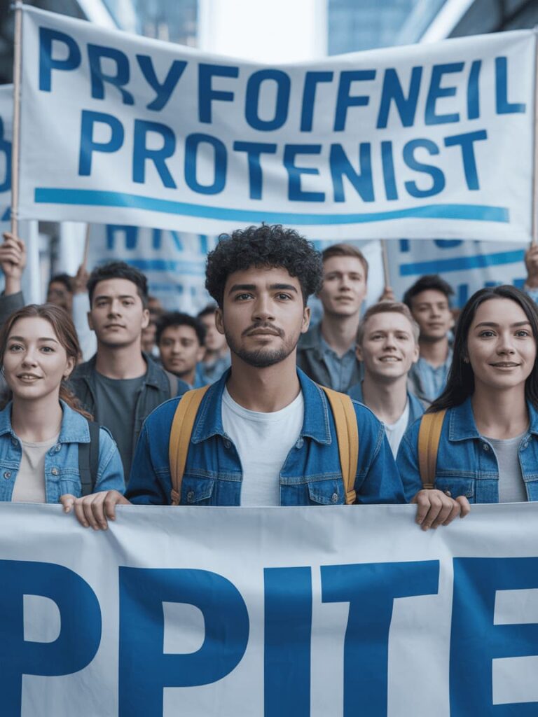 young activists holding banners at peaceful protest,
