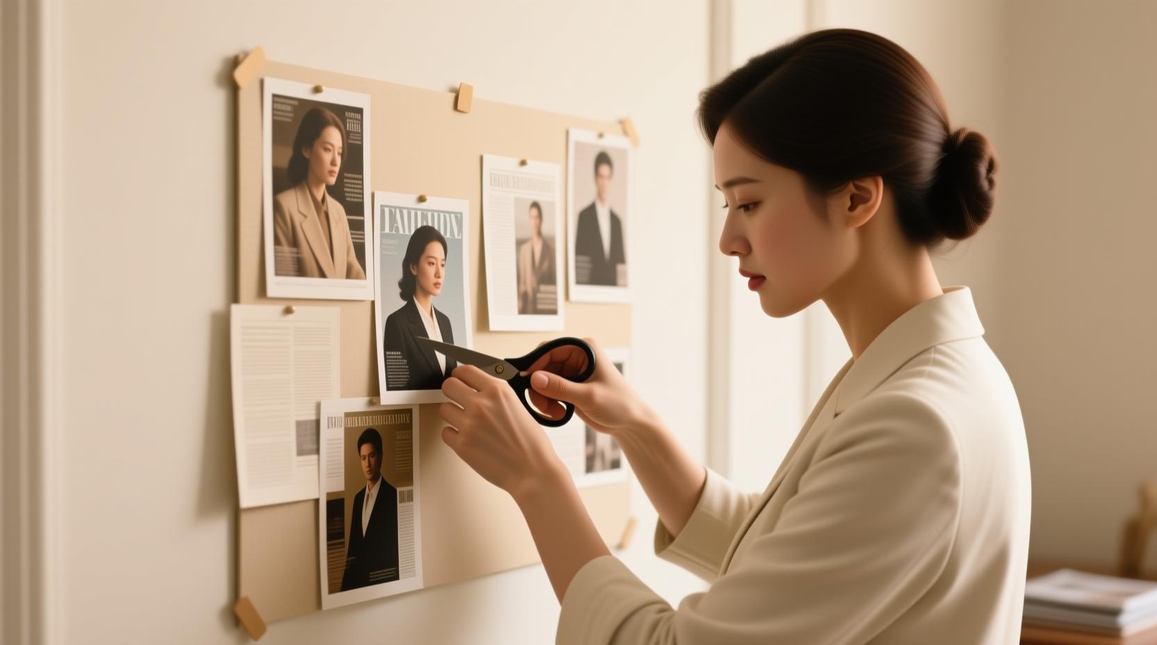 person cutting magazine images for vision board, focused expression