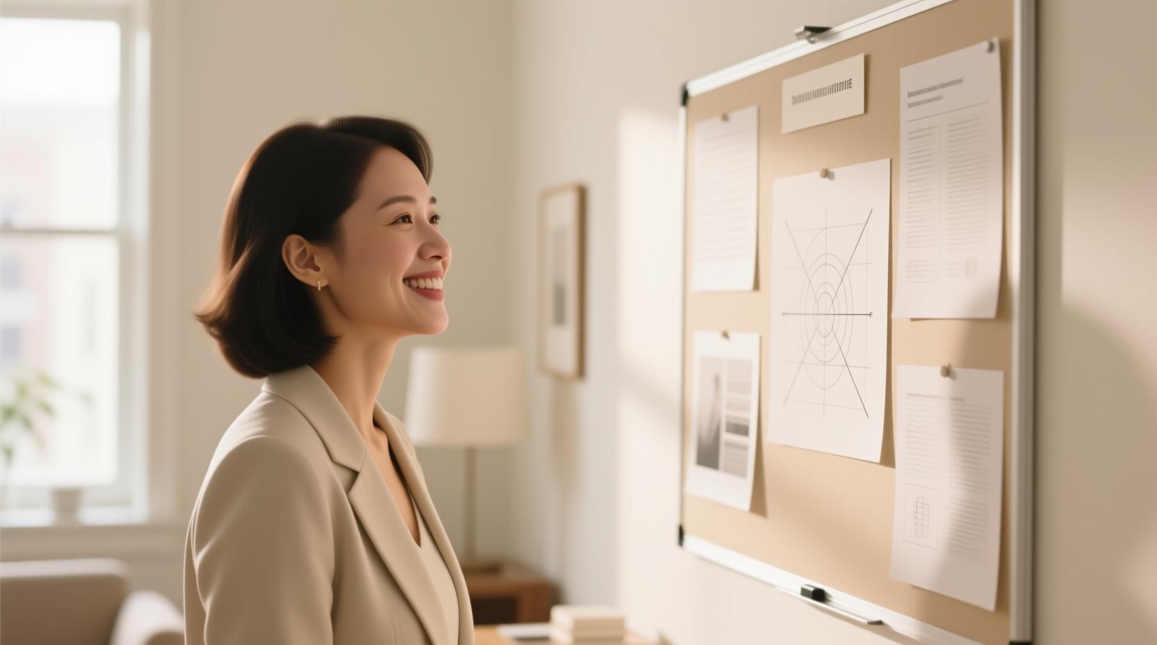 person looking at vision board with smile, motivated atmosphere