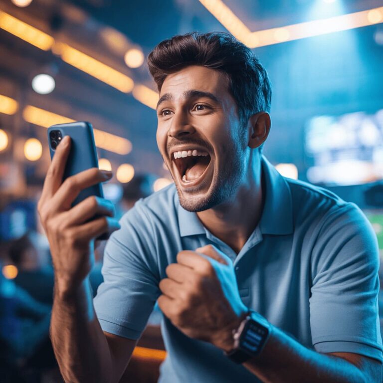 successful sports bettor celebrating with smartphone