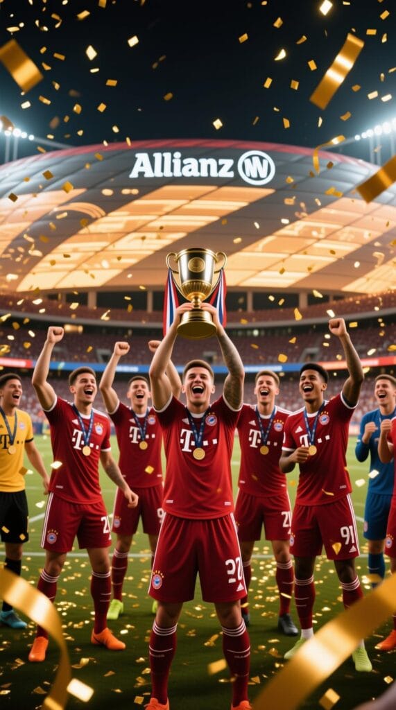 Bayern Munich celebrating championship trophy with futuristic digital elements
