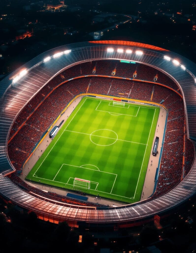 premier league football stadium aerial view at night with lights