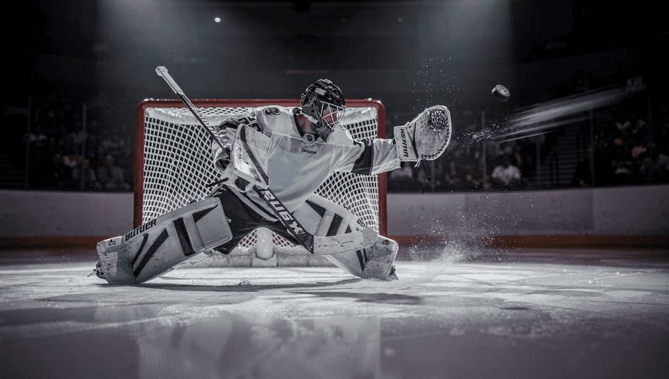 ice hockey goalie save dramatic moment