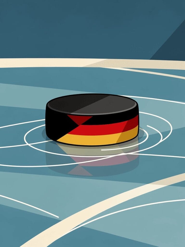 ice hockey puck on ice with German flag colors