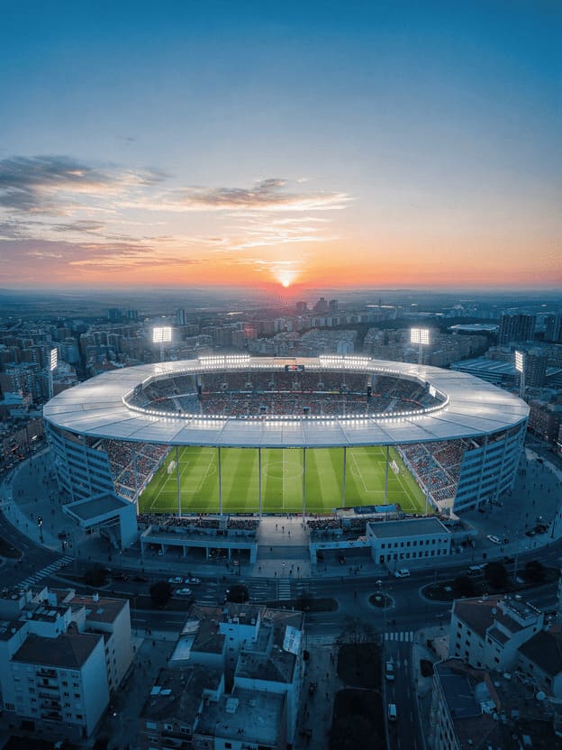 spanish la liga football stadium aerial view sunset