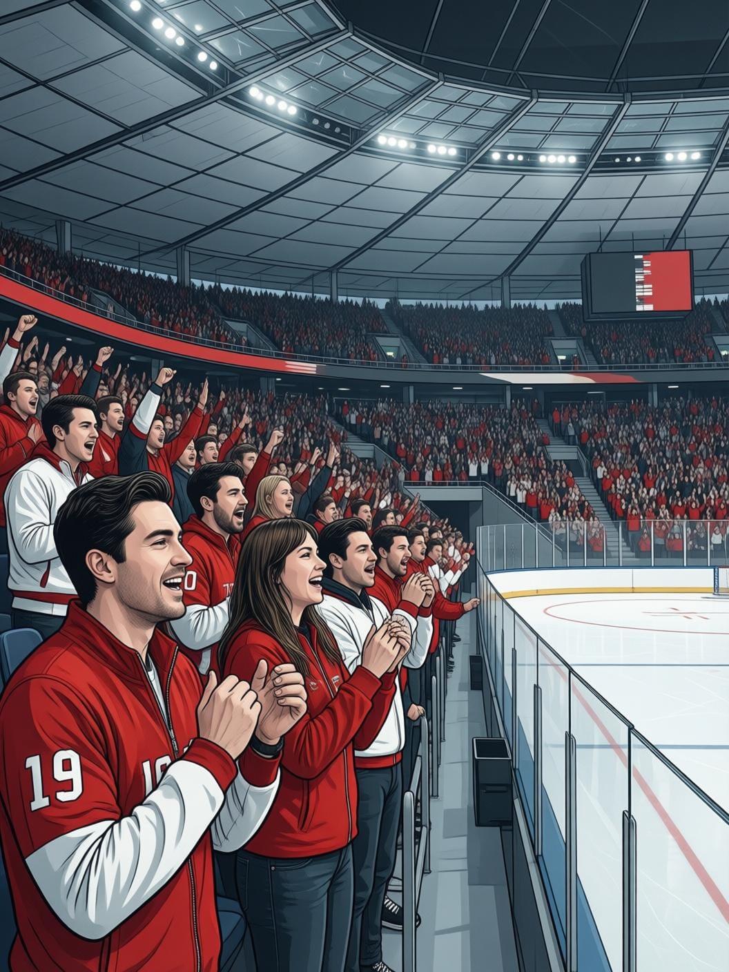 Berlin ice hockey fans cheering in arena red and white colors
