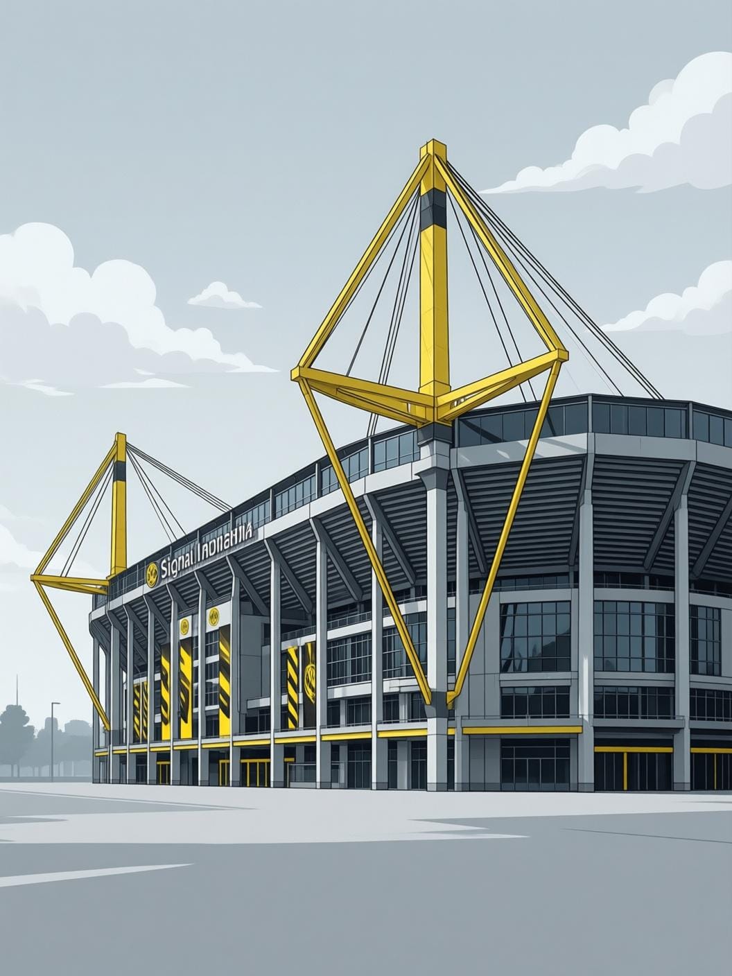 Borussia Dortmund Signal Iduna Park stadium exterior, yellow and black colors, dramatic sky