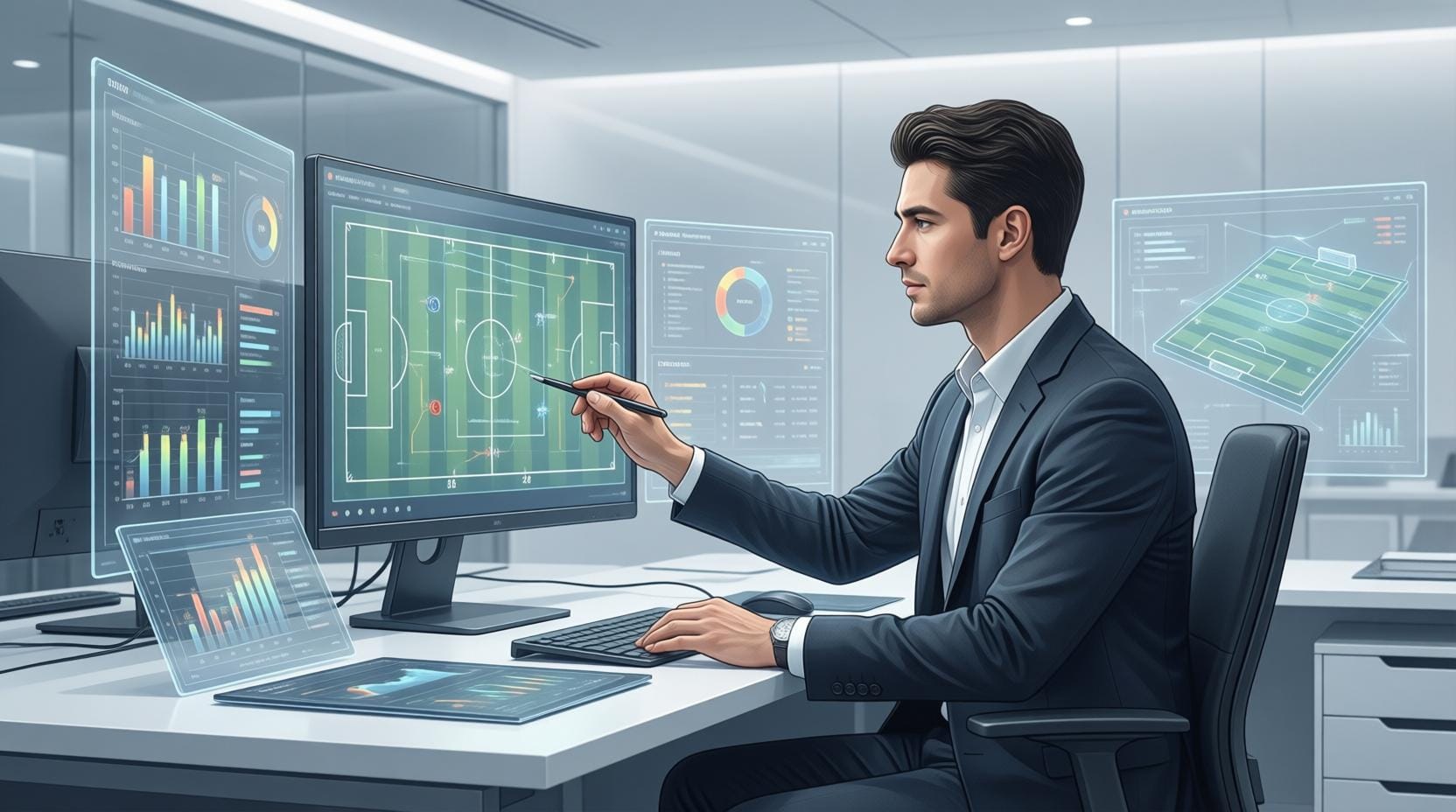 football analyst working with data screens and statistics in modern office, professional setting
