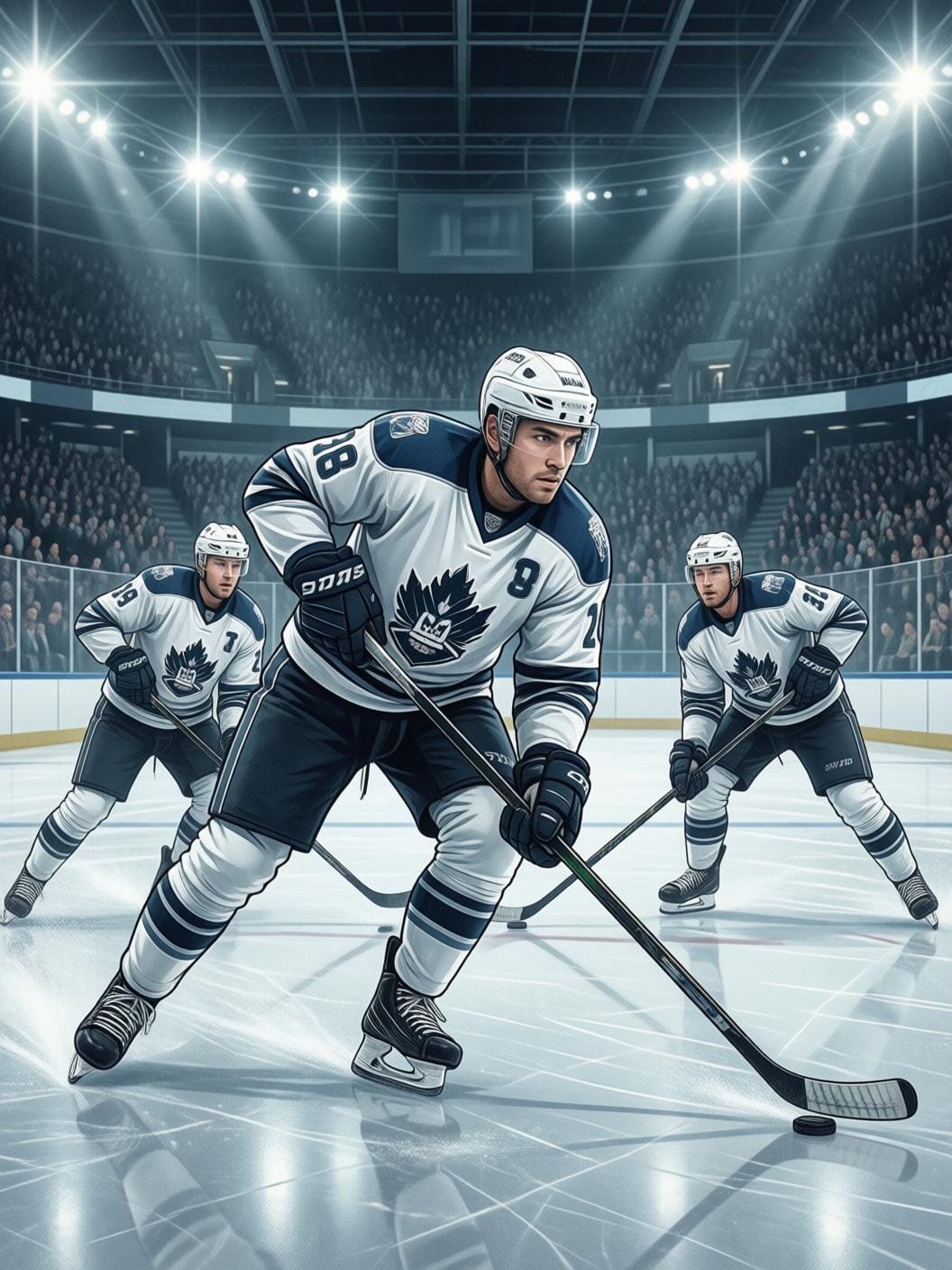 ice hockey game dramatic action shot German arena crowd lights