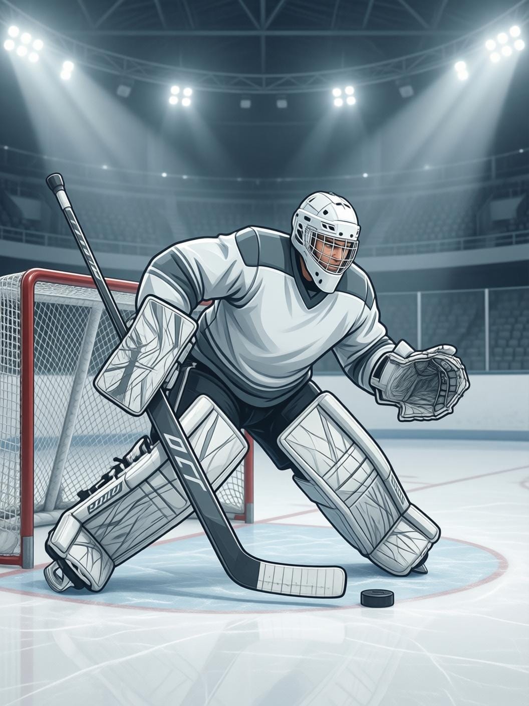 ice hockey goalie save net dramatic arena lights puck