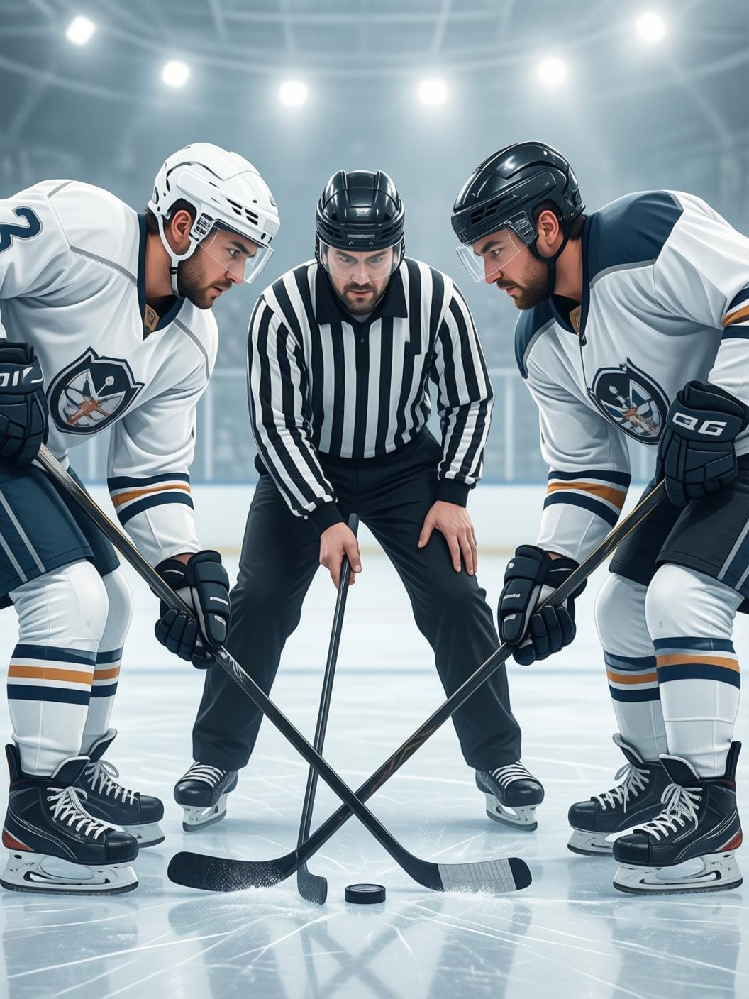 ice hockey players face off puck drop referee dramatic moment