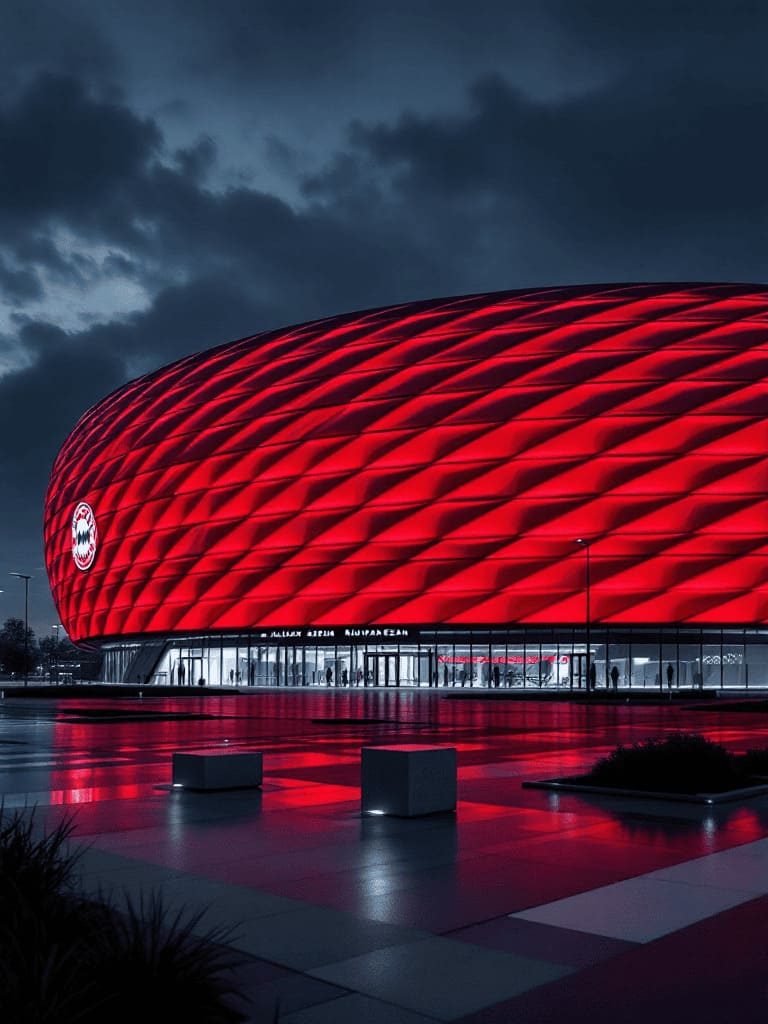 Bayern Munich Allianz Arena stadium exterior illuminated night red