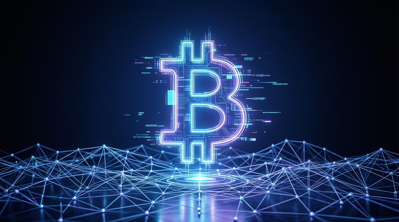 glowing bitcoin symbol floating above digital network