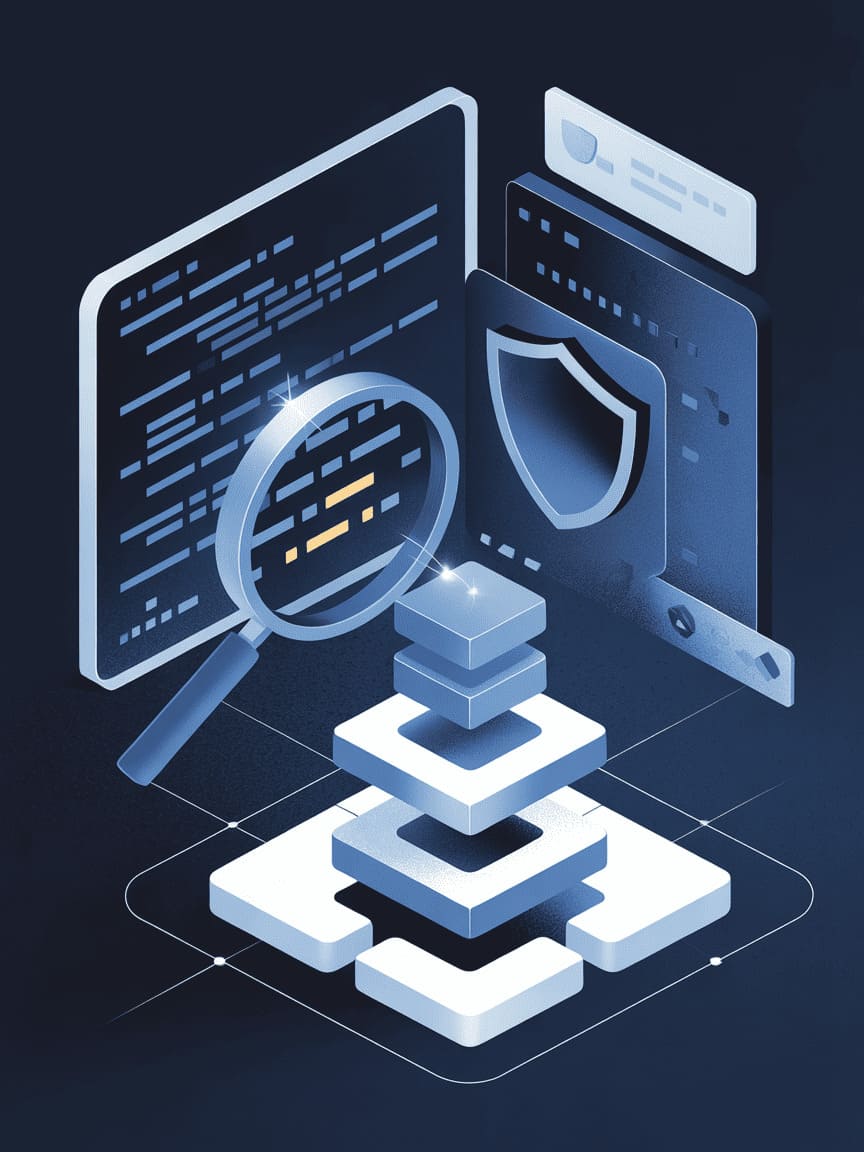 security audit magnifying glass code blockchain digital
