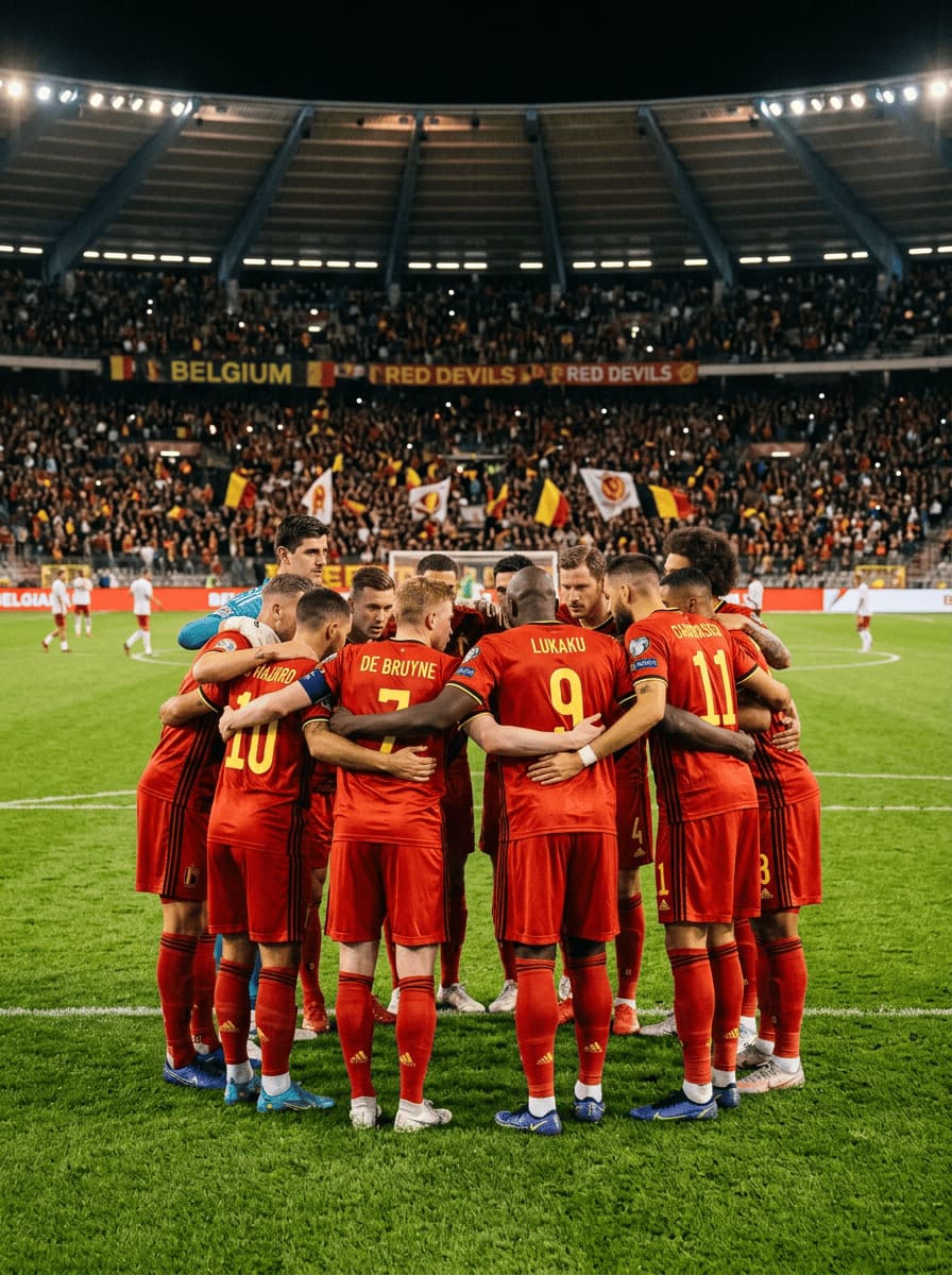 Belgium football team huddle before kickoff evening match
