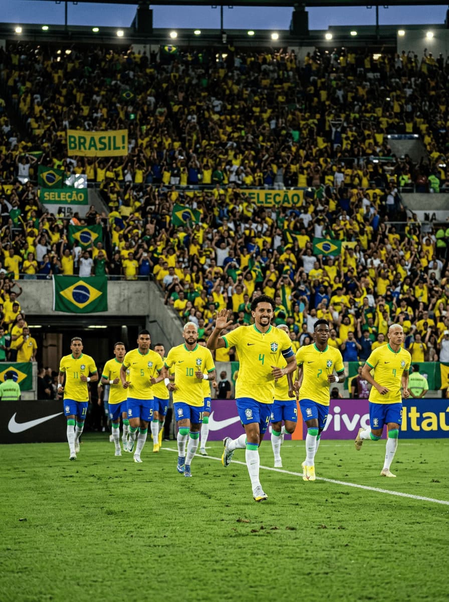 Brazil national football team running onto pitch with yellow jerseys