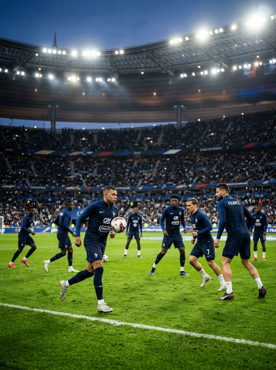 France football players warming up under stadium lights