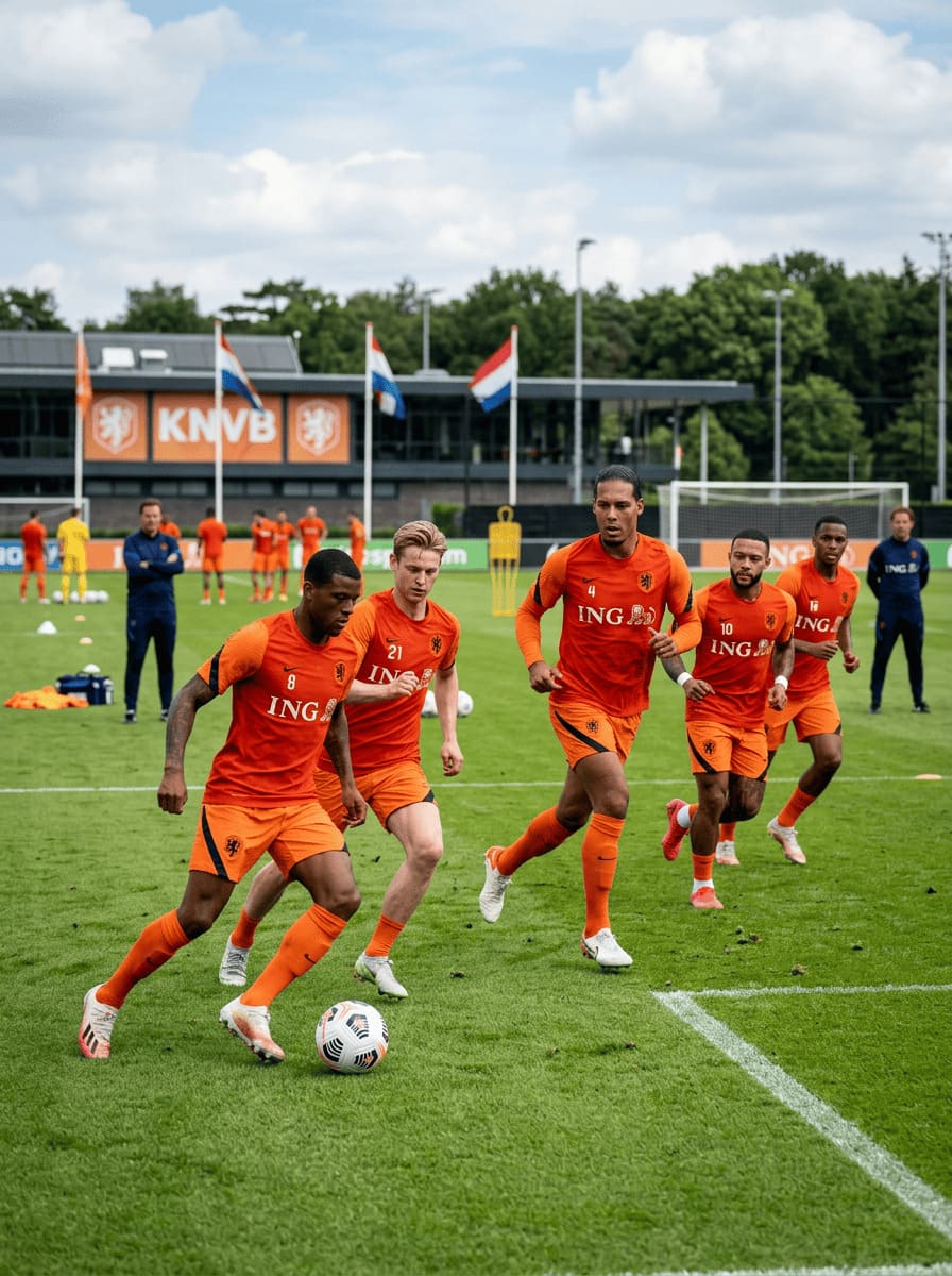 Netherlands football players training with orange jerseys