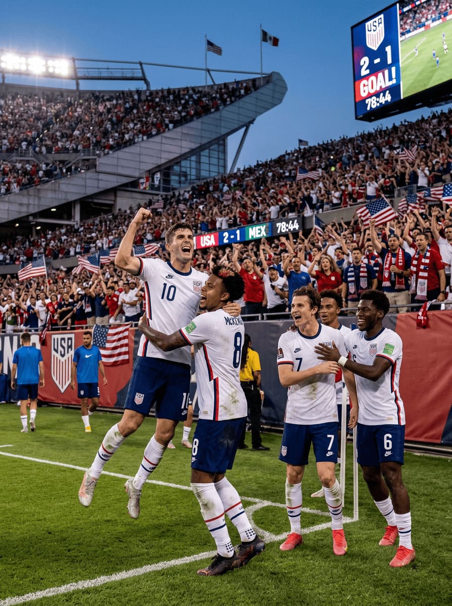 USA soccer players celebrating a goal in a packed stadium