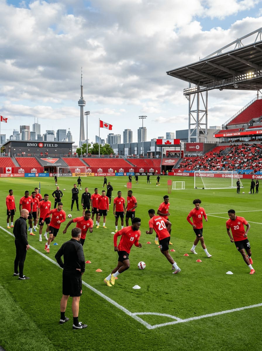 canada football team warming up on training pitch