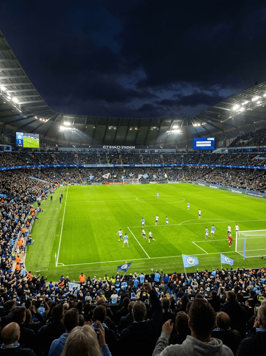 football stadium at night with bright floodlights and green pitch