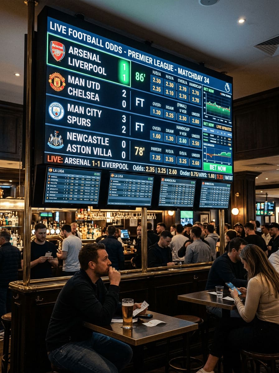 sports betting odds screen with football match results glowing display