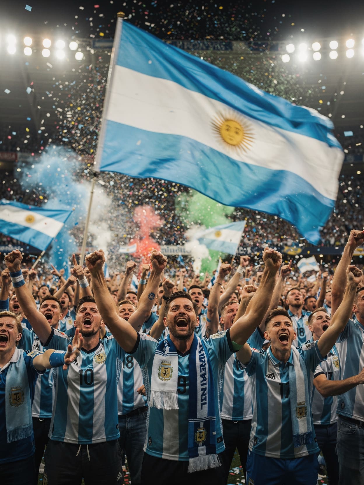 Argentina football fans celebrating with blue and white flags in stadium