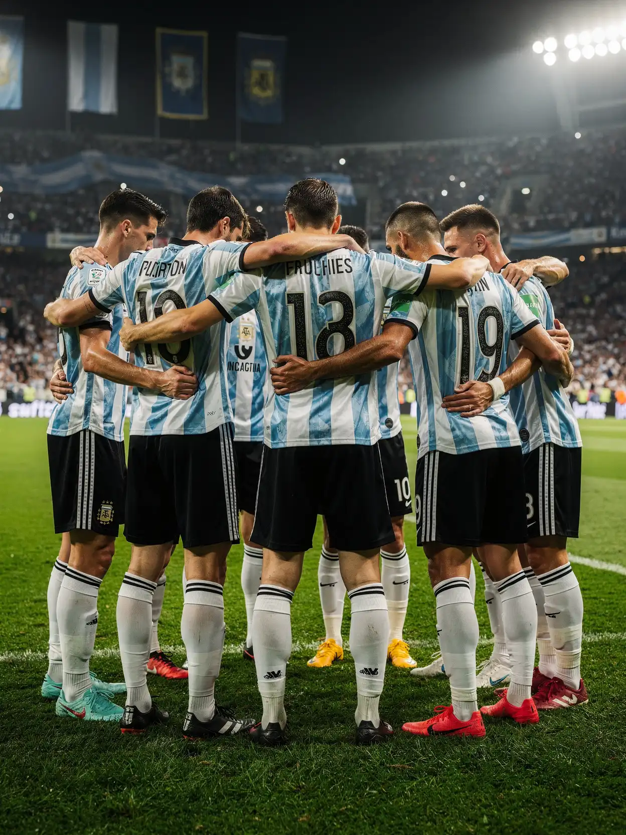 Argentina soccer team huddle before kickoff on green field