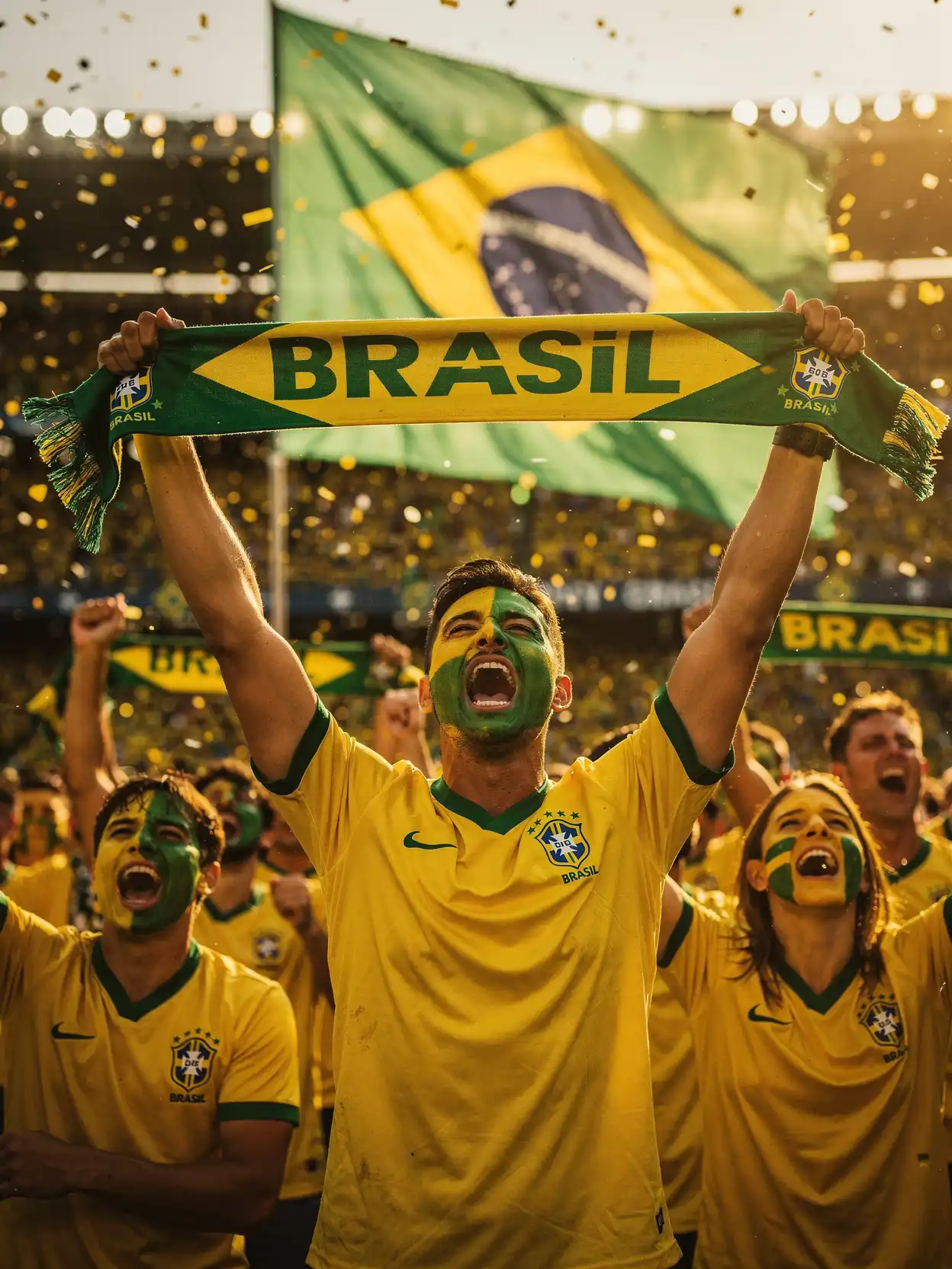 Brazil soccer fans in yellow jerseys celebrating in stadium