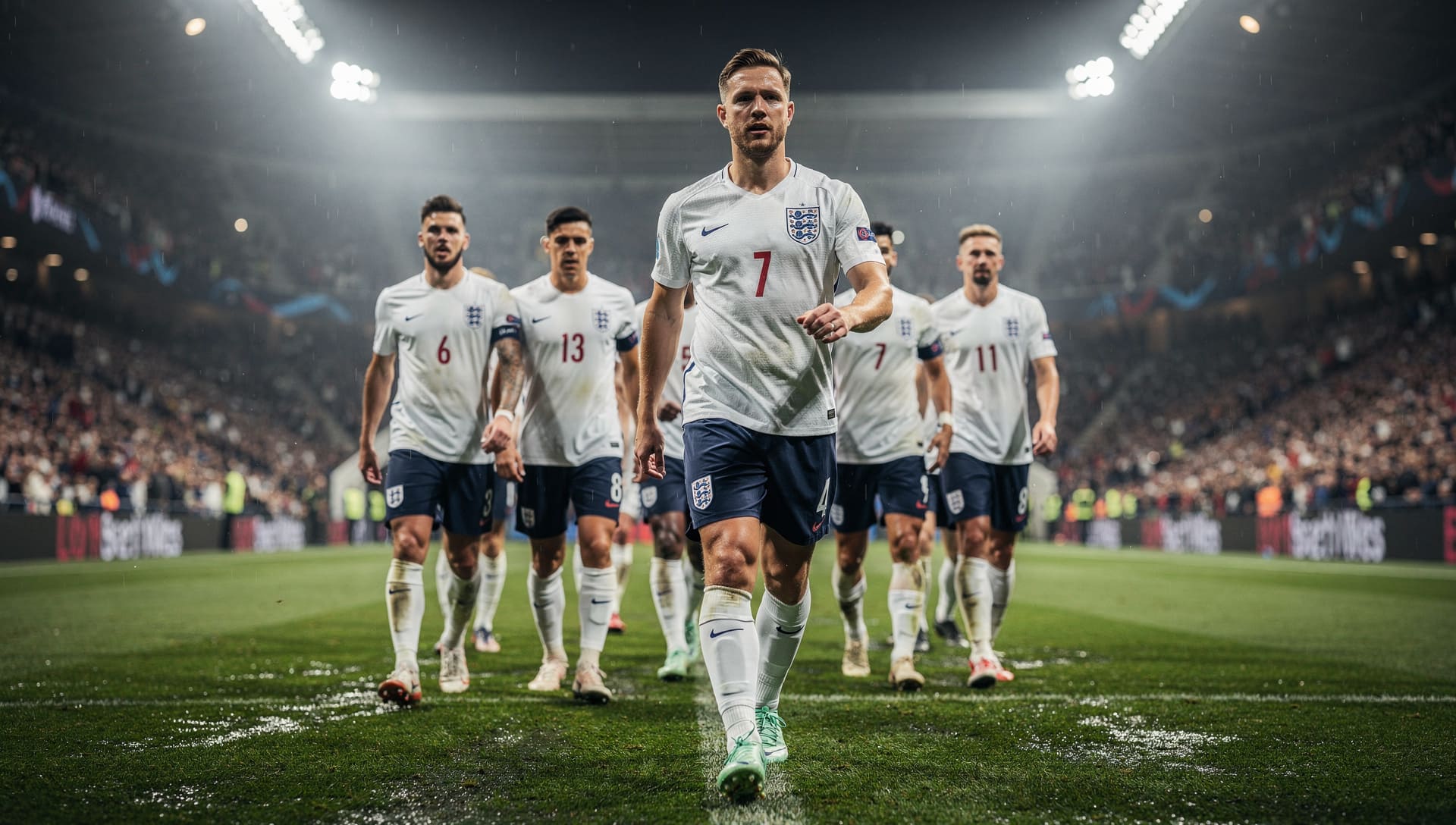 England football team walking onto pitch in white jerseys
