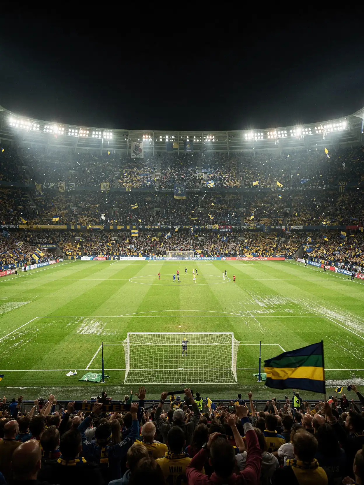 crowded soccer stadium at night with floodlights and vivid green pitch