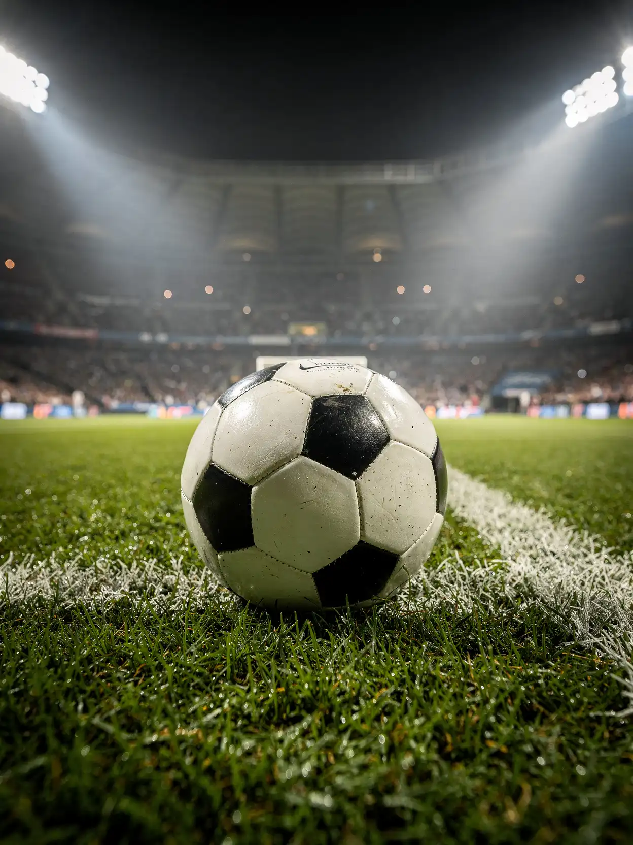soccer ball on green pitch at night under stadium floodlights