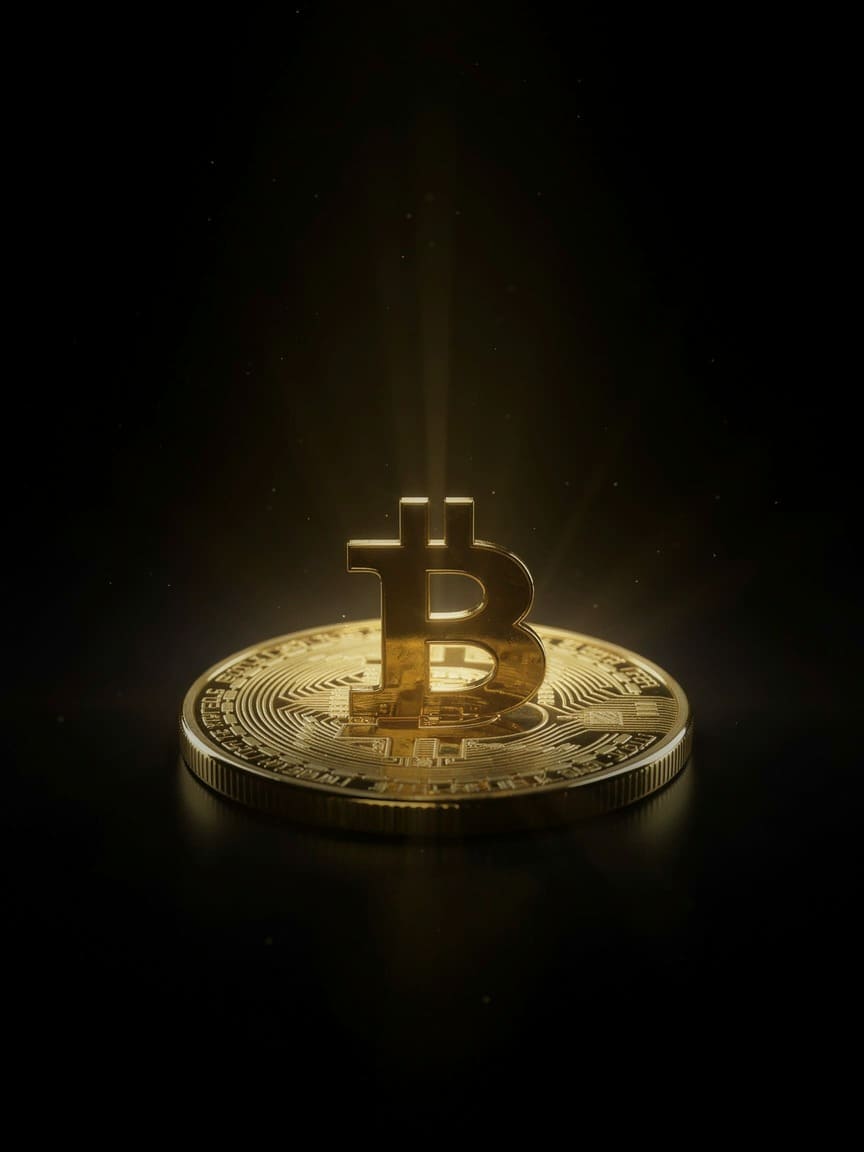bitcoin gold coin glowing on dark reflective surface with dramatic upward light beam