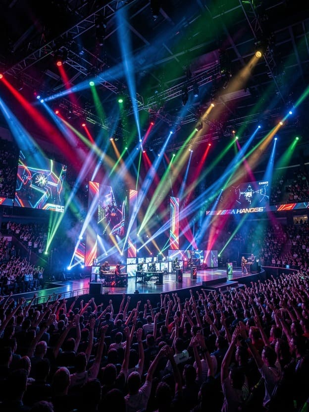 dramatic esports arena stage with colorful LED lights and cheering crowd in dark stadium