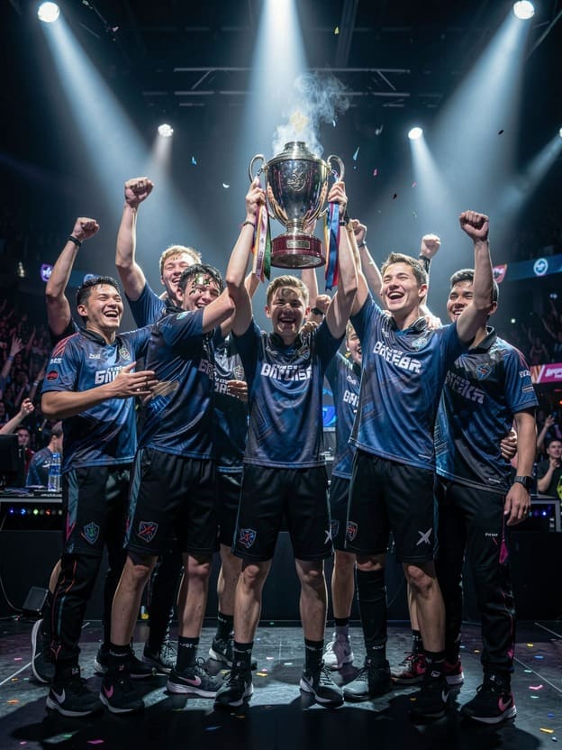 esports team celebrating victory with trophy on stage under spotlights