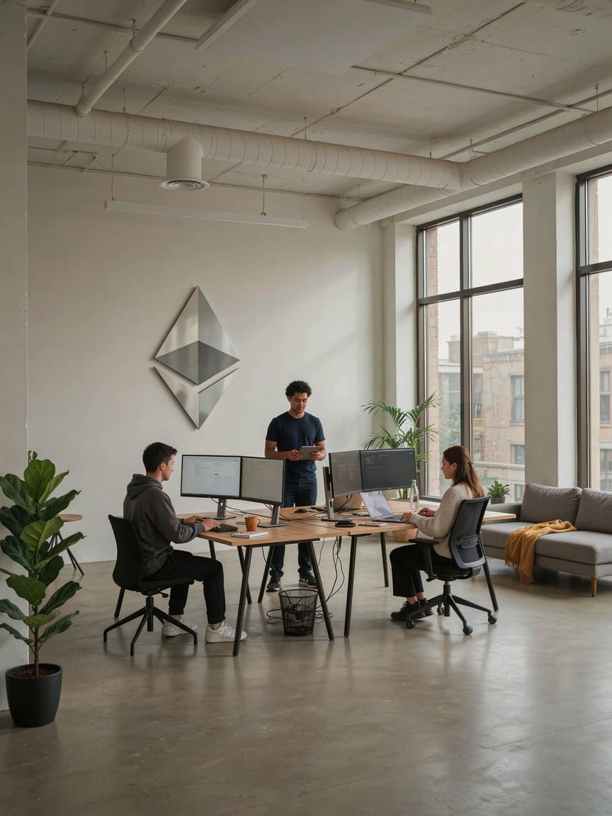 ethereum foundation office modern workspace with developers at computers soft daylight