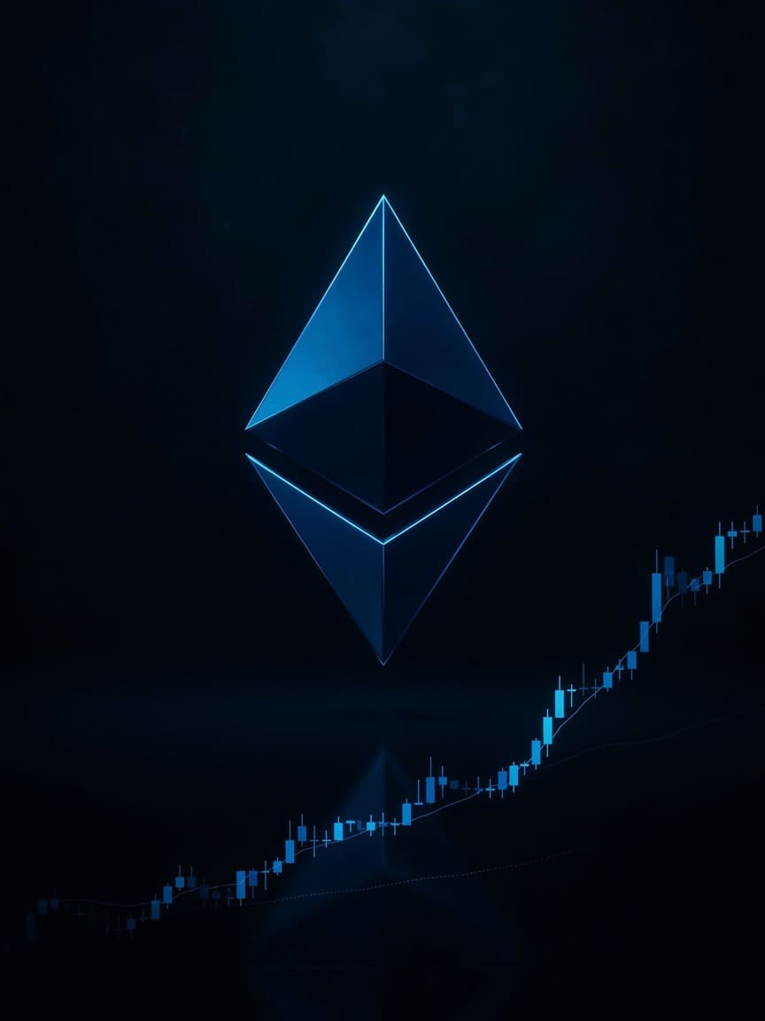 ethereum logo glowing blue on dark background with upward price chart reflection