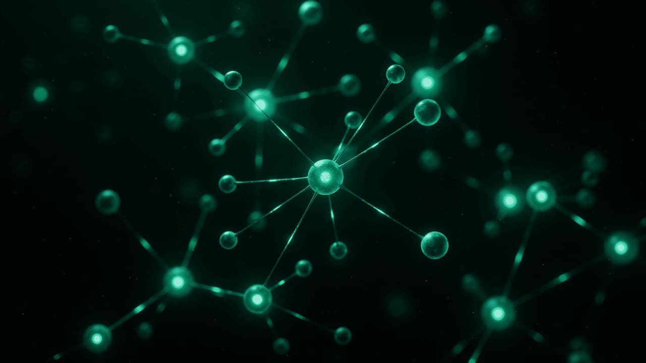 glowing neural network nodes on dark background with green light pulses