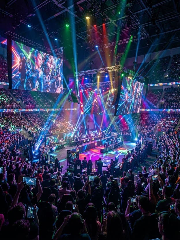 massive esports event in packed sports arena with giant screens and colorful stage lighting