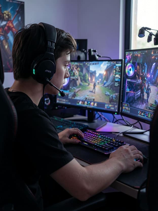 young professional gamer training at desk with multiple monitors and headset