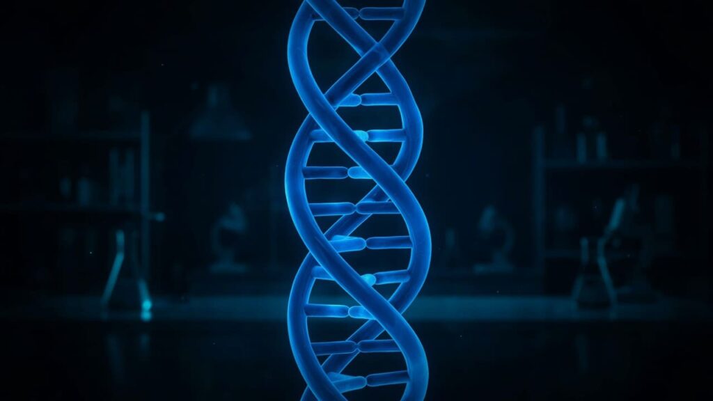 DNA double helix molecular structure glowing in blue laboratory setting