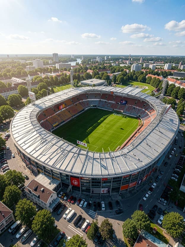 Hamburg Volksparkstadion aerial view sunny day football pitch