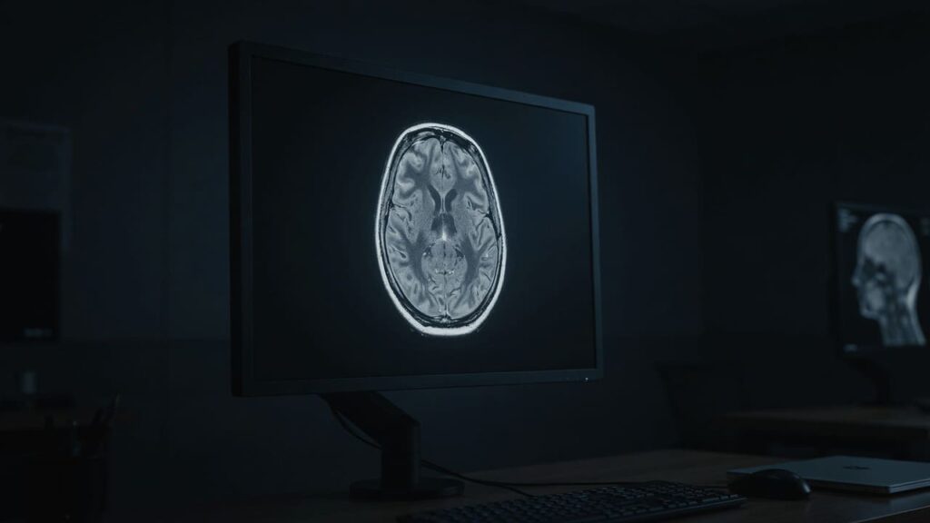 MRI brain scan glowing on hospital monitor in dark radiology room
