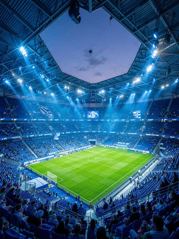 Schalke Veltins Arena interior full stadium blue floodlights evening