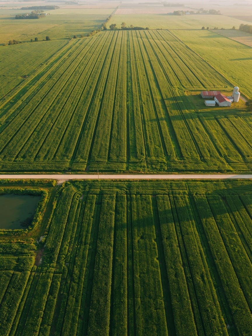 aerial drone view of green agricultural fields