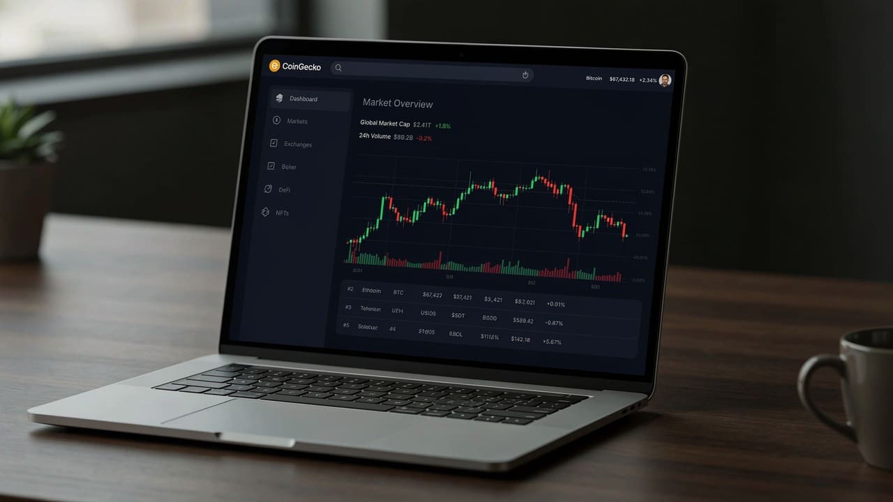 coingecko cryptocurrency data analytics website interface on laptop screen