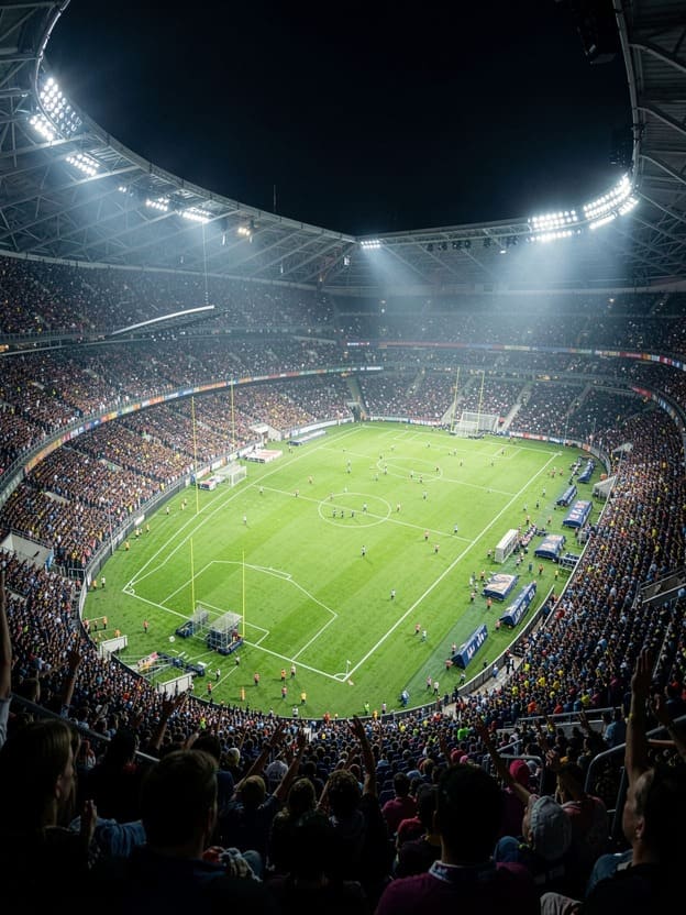 crowded football stadium floodlights night atmosphere aerial view
