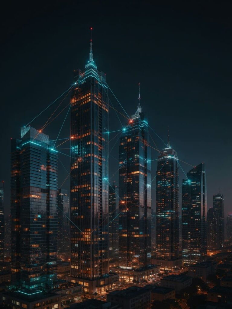 futuristic city skyline at night with glowing digital network lines overlaid,